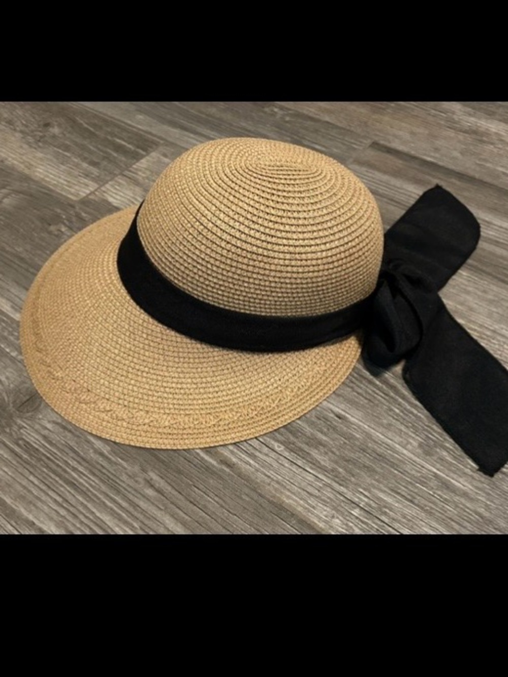 Classic Tan Straw Sun Hat with Black Ribbon Accent